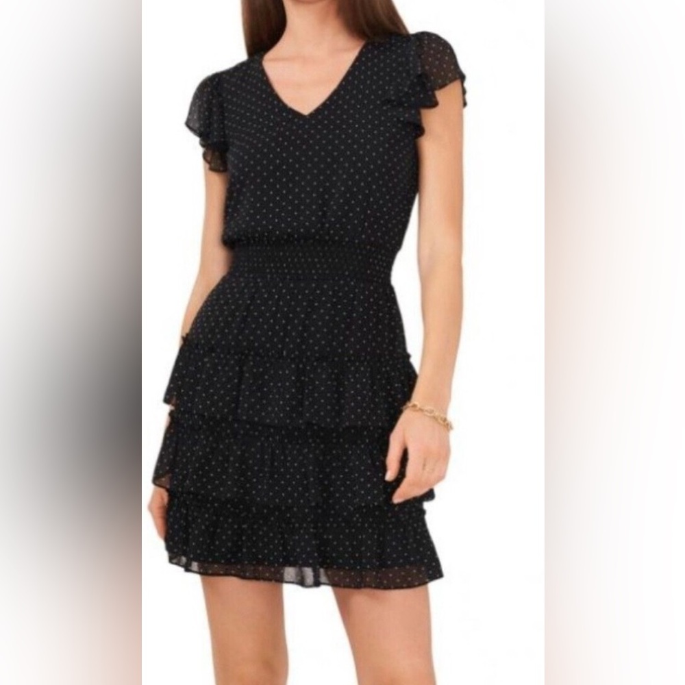 MSK Women's 2X Short Sleeve V-Neck Black & White Polka Dot Ruffle Tiered Lined